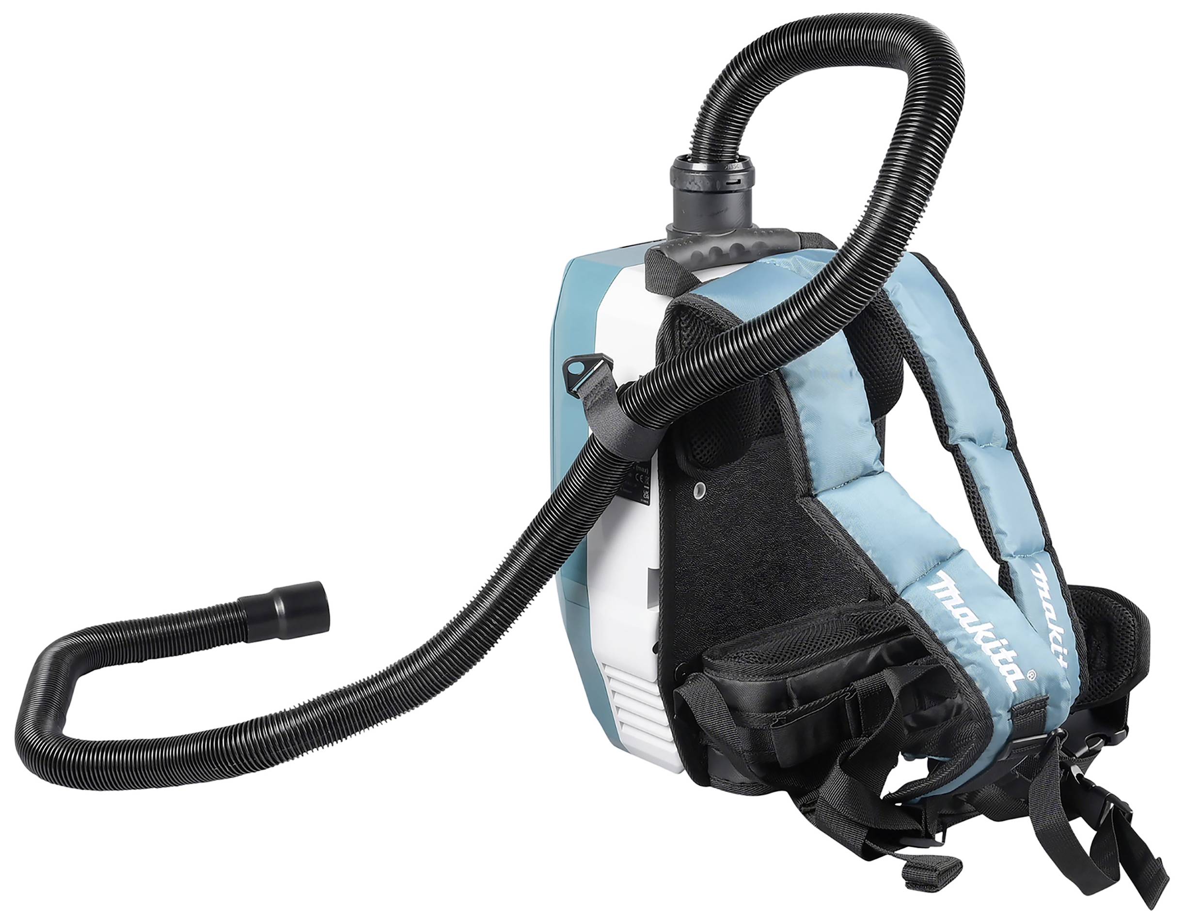 Blue backpack vacuum cleaner, with flexible suction hose and adjustable straps, suitable for portable use during cleaning tasks.