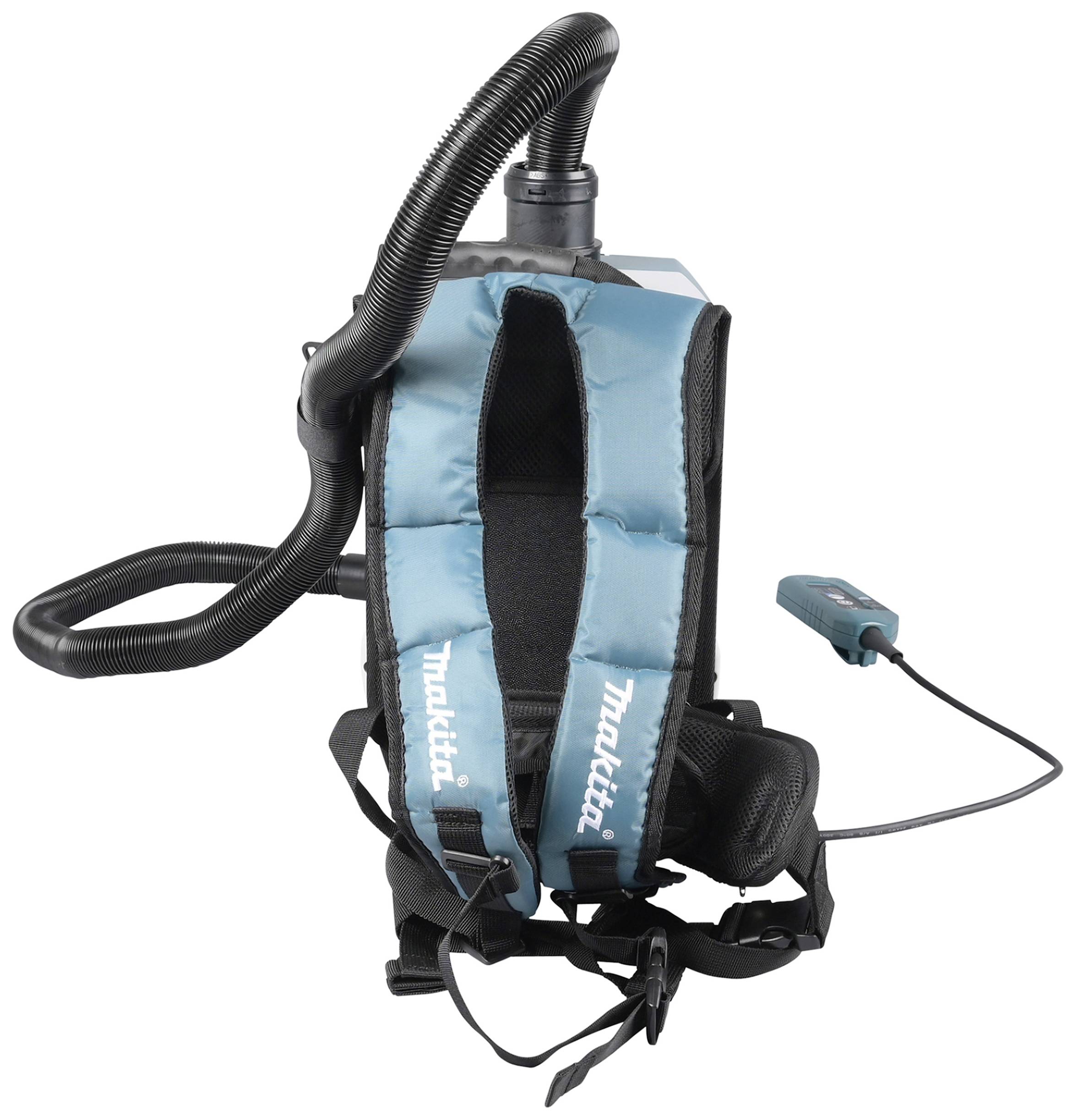 Portable backpack vacuum cleaner, blue and black in colour, with shoulder straps and flexible hose.