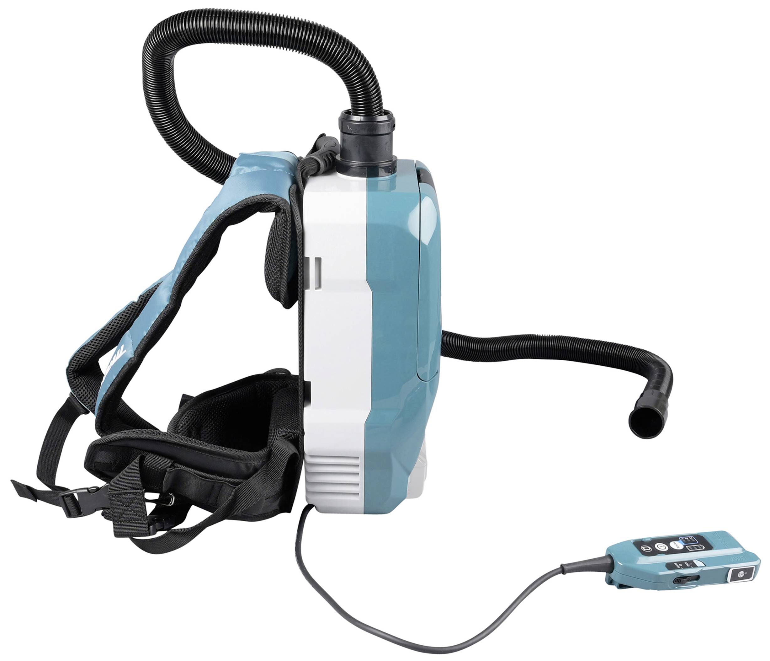 Backpack vacuum cleaner in blue and white with remote control, flexible hoses, and upholstery attachments, suitable for mobile cleaning.