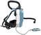Backpack vacuum cleaner in blue and white with remote control, flexible hoses, and upholstery attachments, suitable for mobile cleaning.