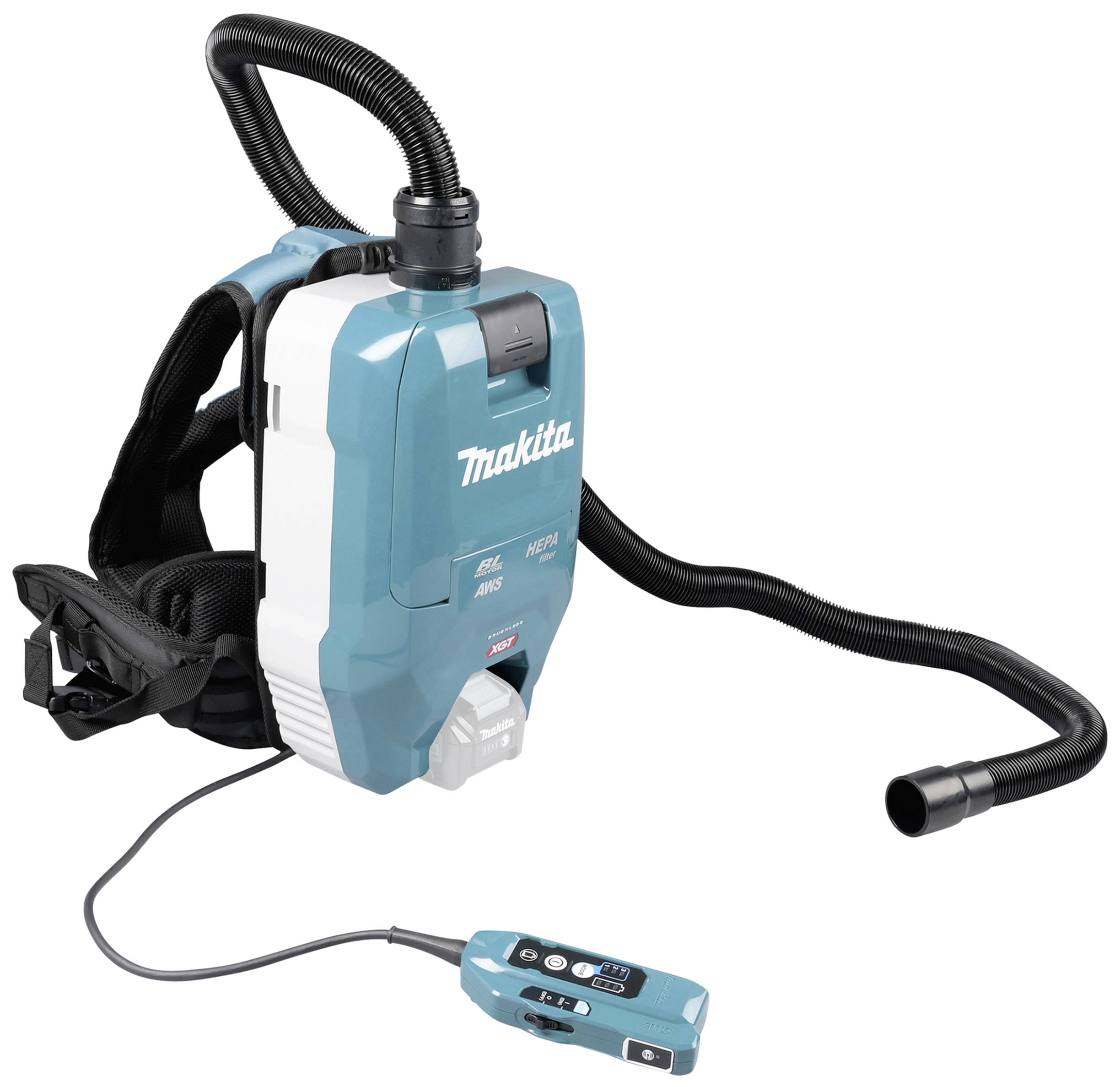 A portable backpack vacuum cleaner with a long suction tube and controls. Suitable for mobile use during cleaning tasks.