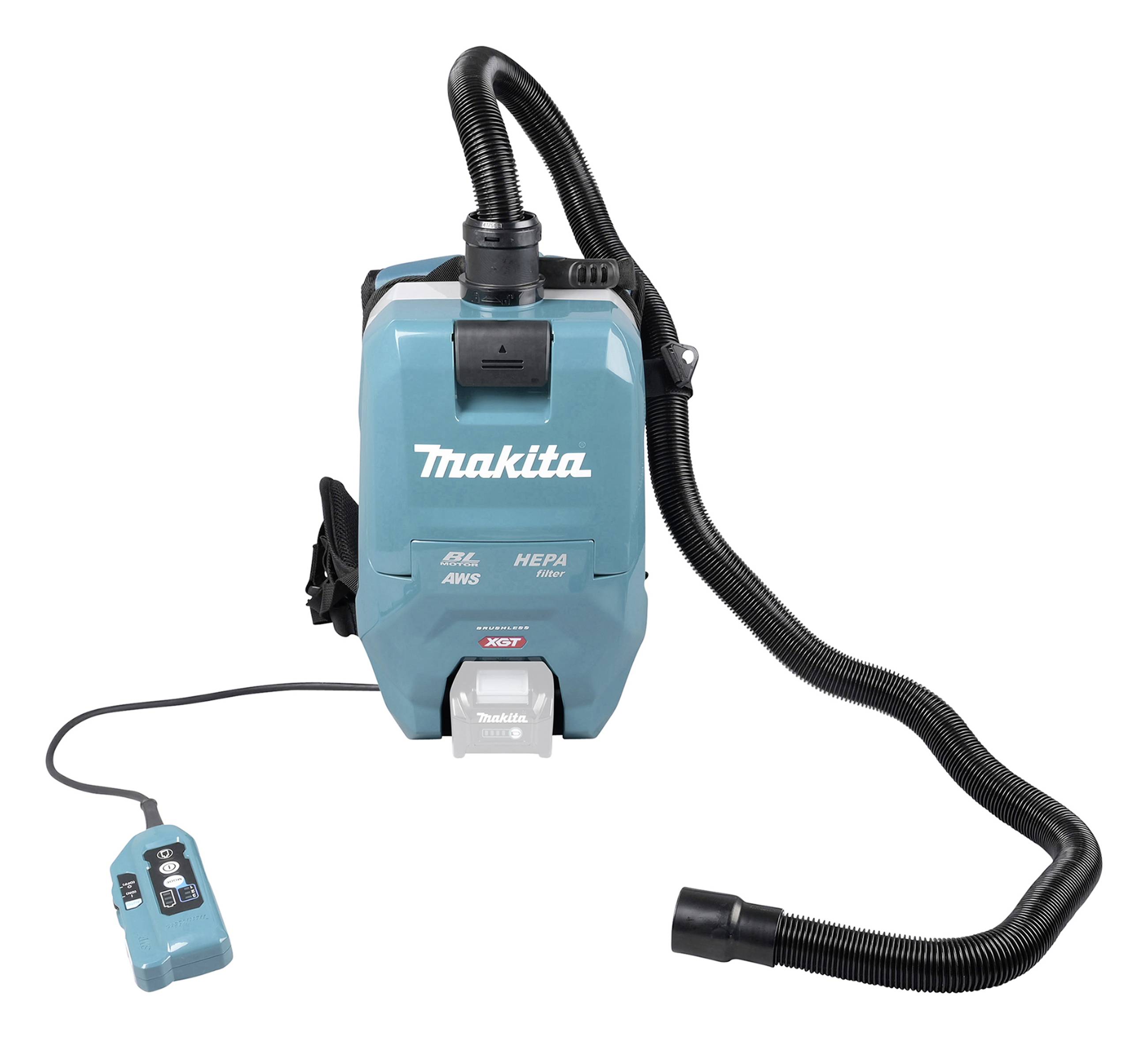 Blue portable Makita vacuum cleaner with hose, removable control, and AWS logo. Suitable for use with battery-powered tools.