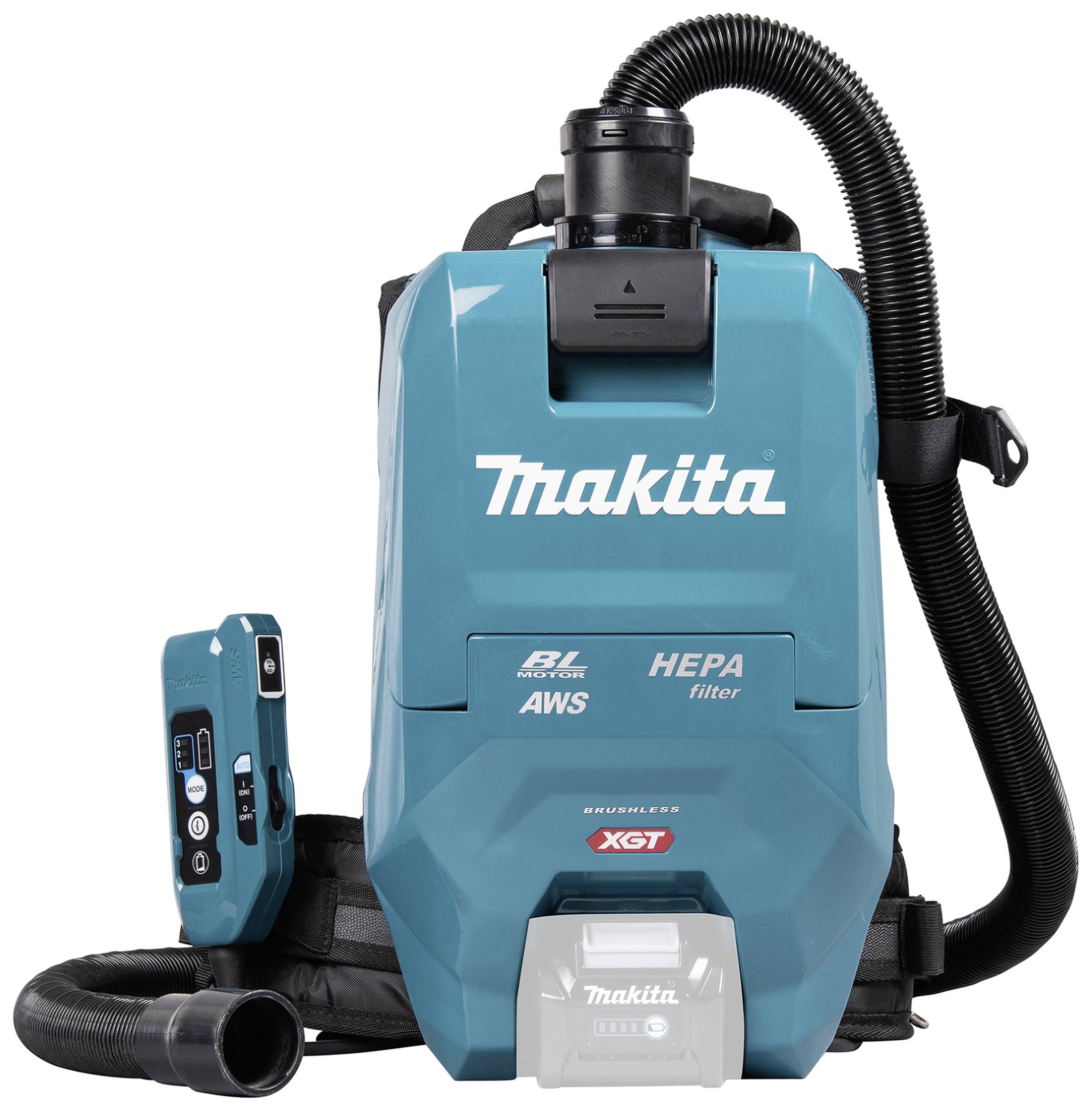 'Makita XGT Vacuum Cleaner with HEPA Filter and AWS Technology. Backpack design with suction hose and removable control unit.'