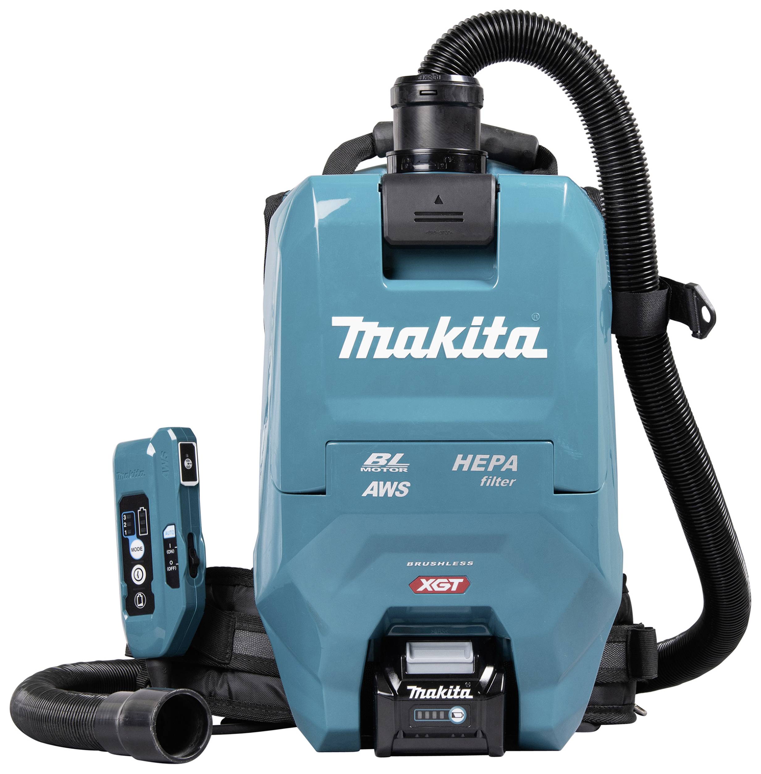 'Cordless Makita vacuum cleaner with HEPA filter. Includes a carrying strap, hose and controllable module.'