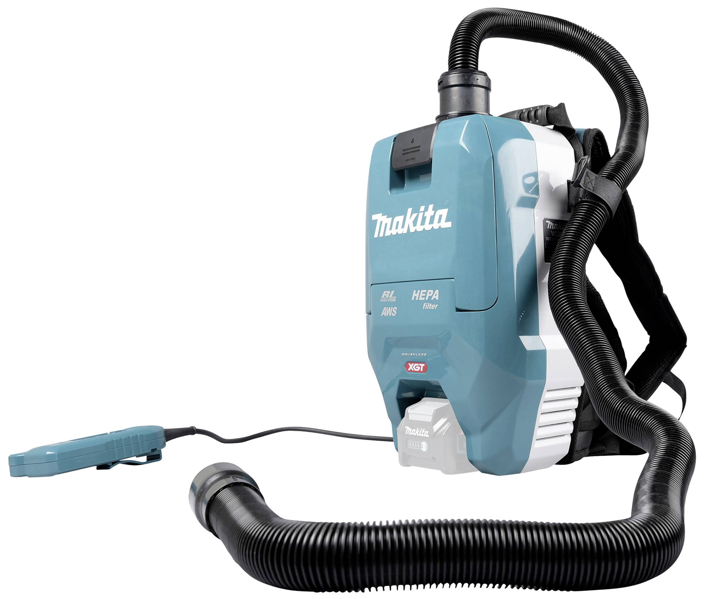 A portable backpack vacuum cleaner by Makita, equipped with a HEPA filter and flexible hose, ideal for mobile cleaning operations.