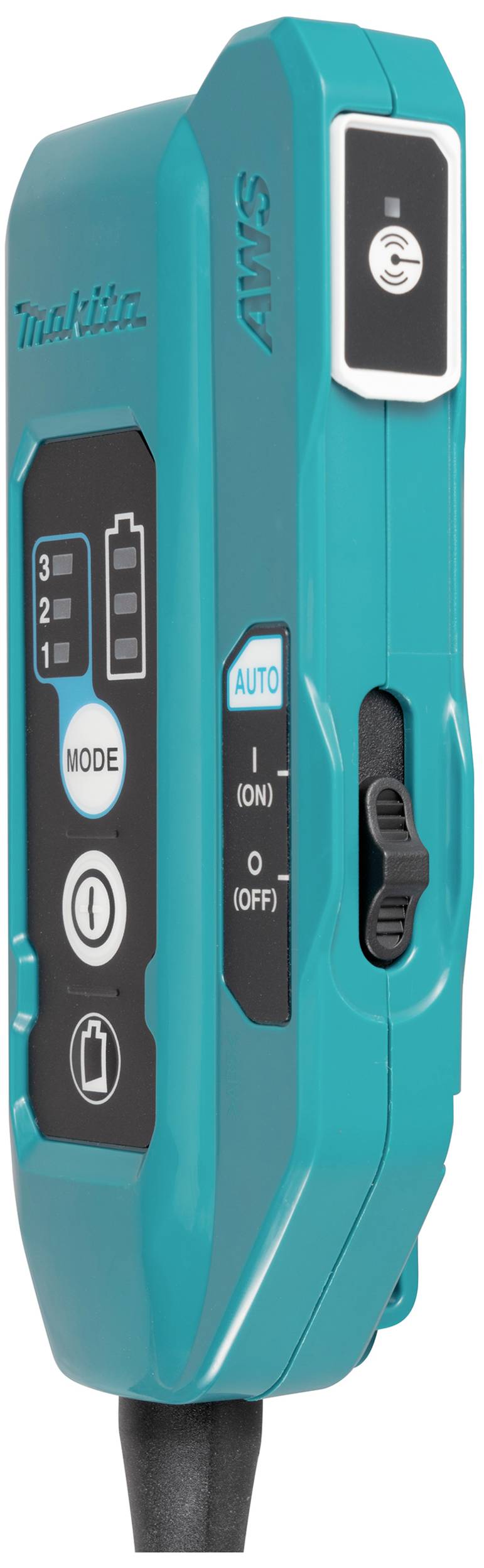 A blue handheld vacuum cleaner with multiple modes, display and switches for adjustment. Brand names and symbols on the front panel.