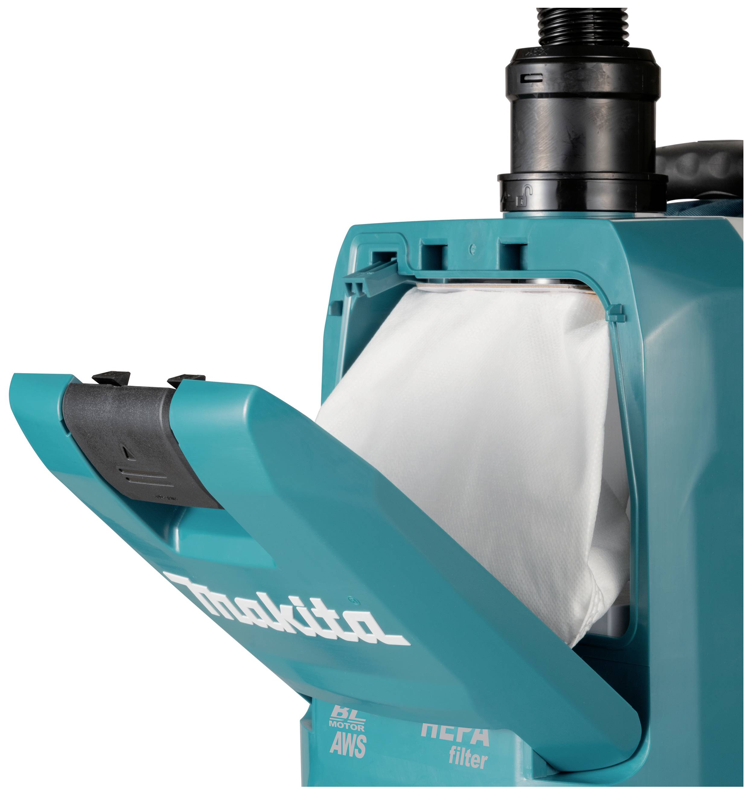 Makita vacuum cleaner with HEPA filter, opened, showing the filter cartridge.