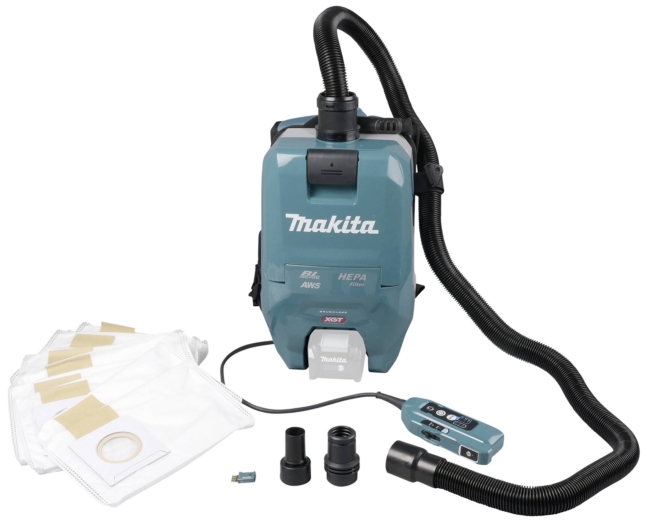 Backpack vacuum cleaner with accessories including dust bag, various nozzles, and controls. Suitable for cordless use with HEPA filter.