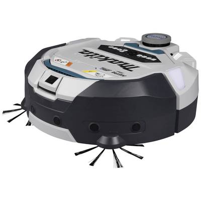 A round, white-and-black robotic vacuum cleaner with rotating brushes at the front and a brand name on top. It is designed for floor cleaning.