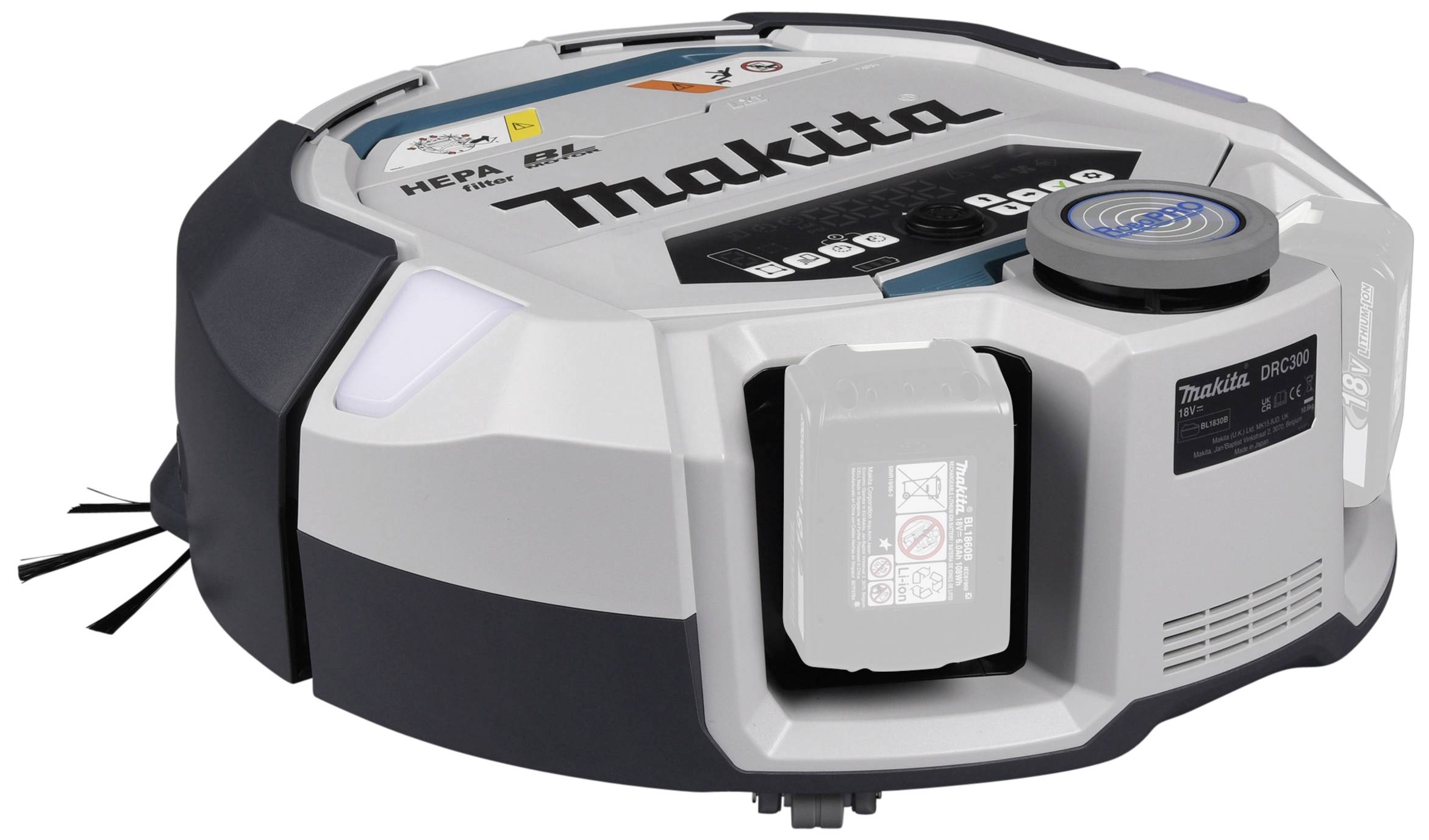 Round Makita robotic vacuum cleaner with a grey housing, side brushes, and control buttons on the top.