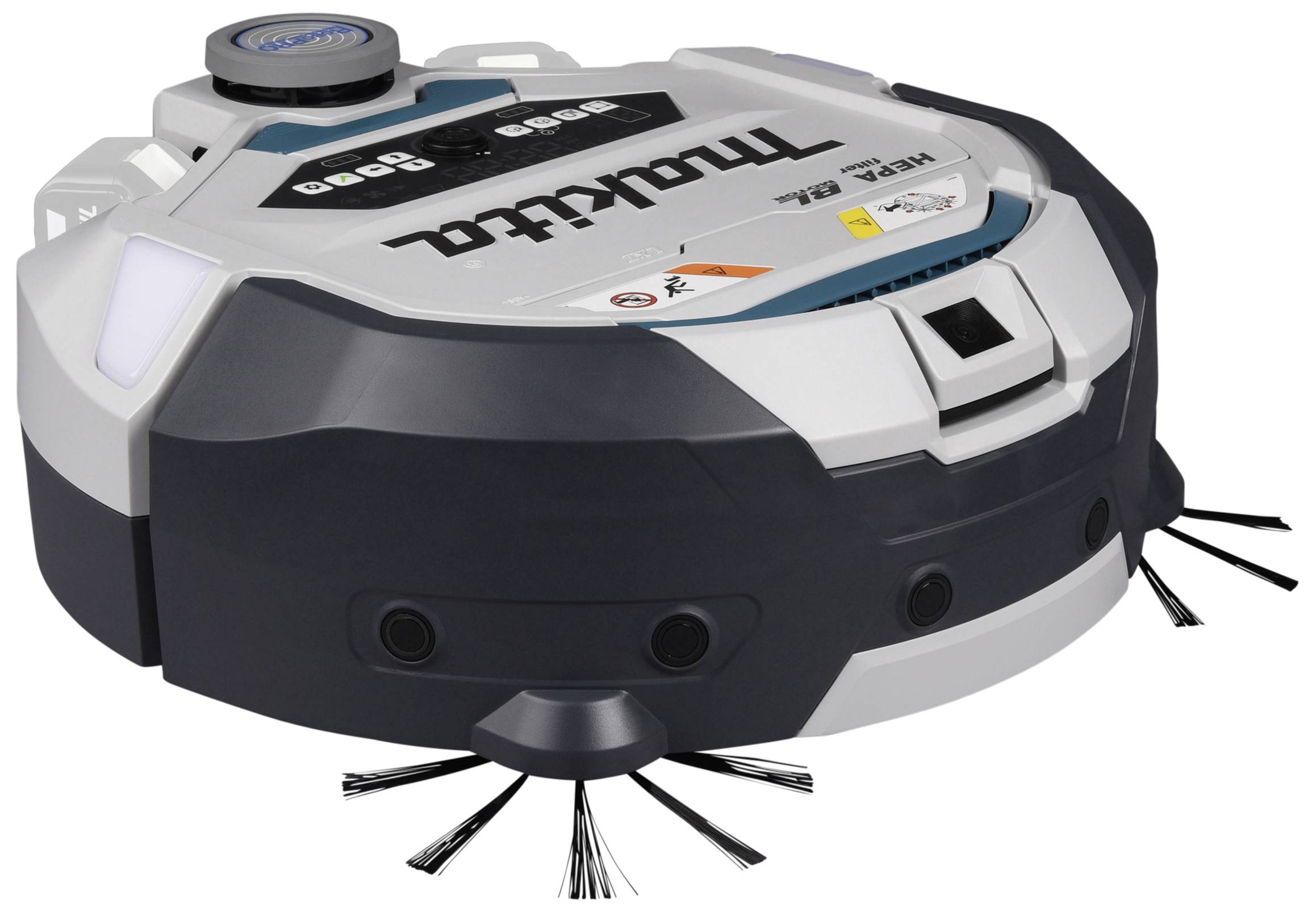Robotic vacuum cleaner in side view, black and white with blue accents, featuring brush heads and control buttons on the top surface.