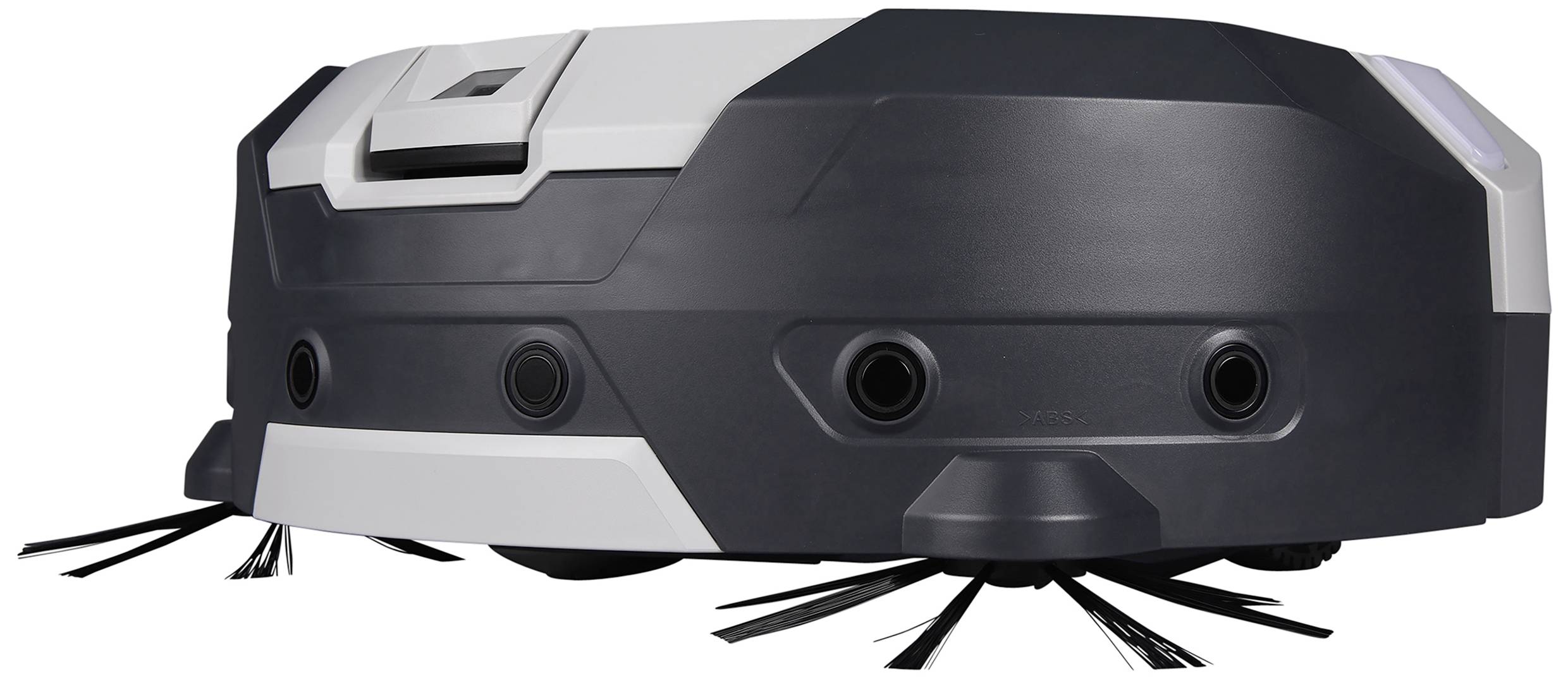 A black, disc-shaped robotic vacuum cleaner with sensors and brushes on its underside, set against a white background.