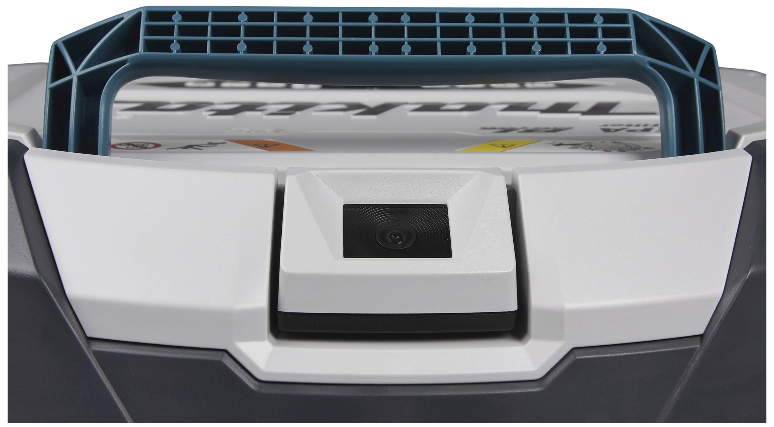 A robotic device with a blue handle on top and a camera or sensor at the front.