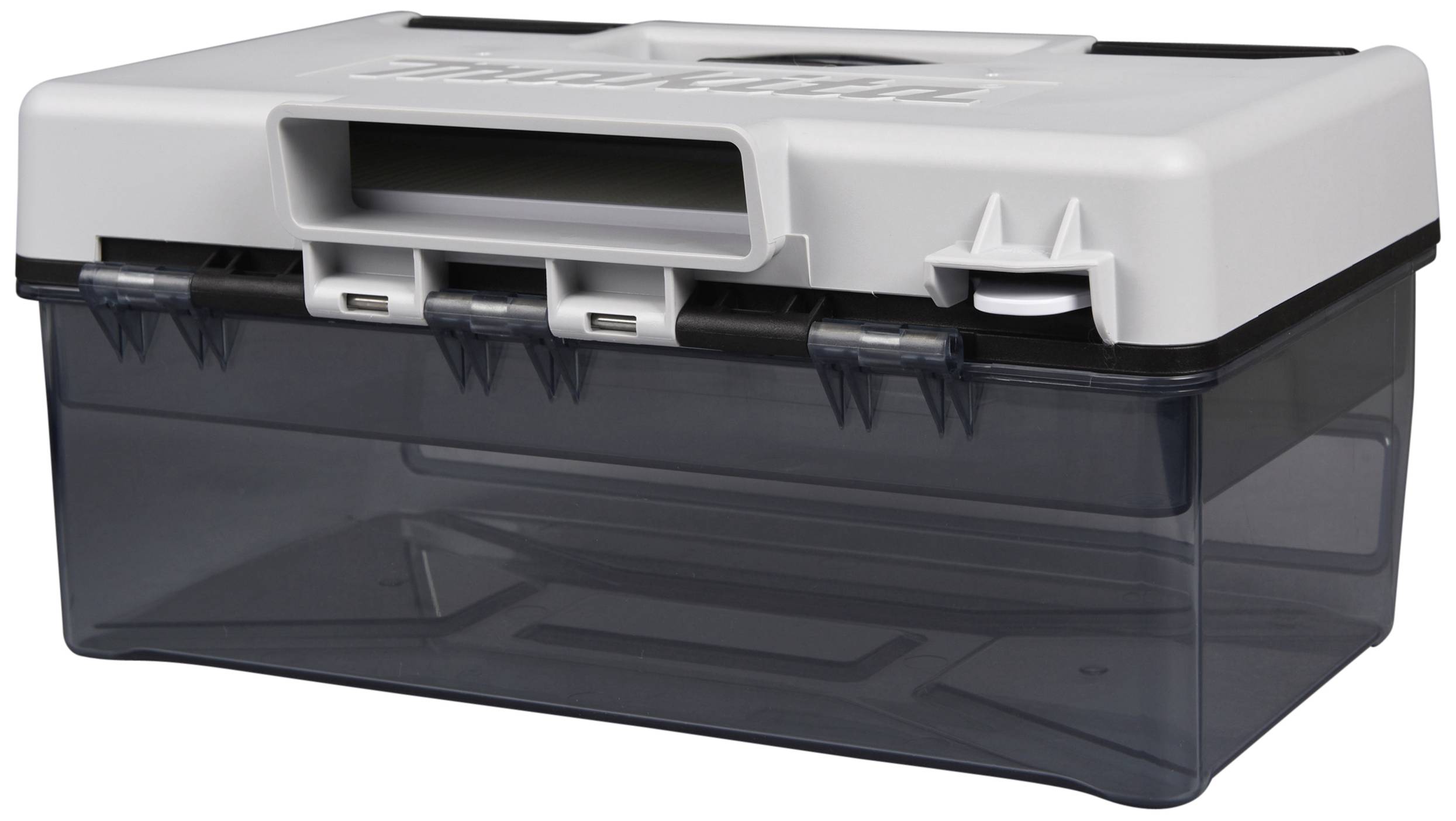 Grey and black plastic storage box with lid and handle. Box has robust hinges and is transparent on the sides.