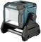 Battery-powered LED work light in blue and black with carrying handle. LED lights visible behind transparent protective glass.