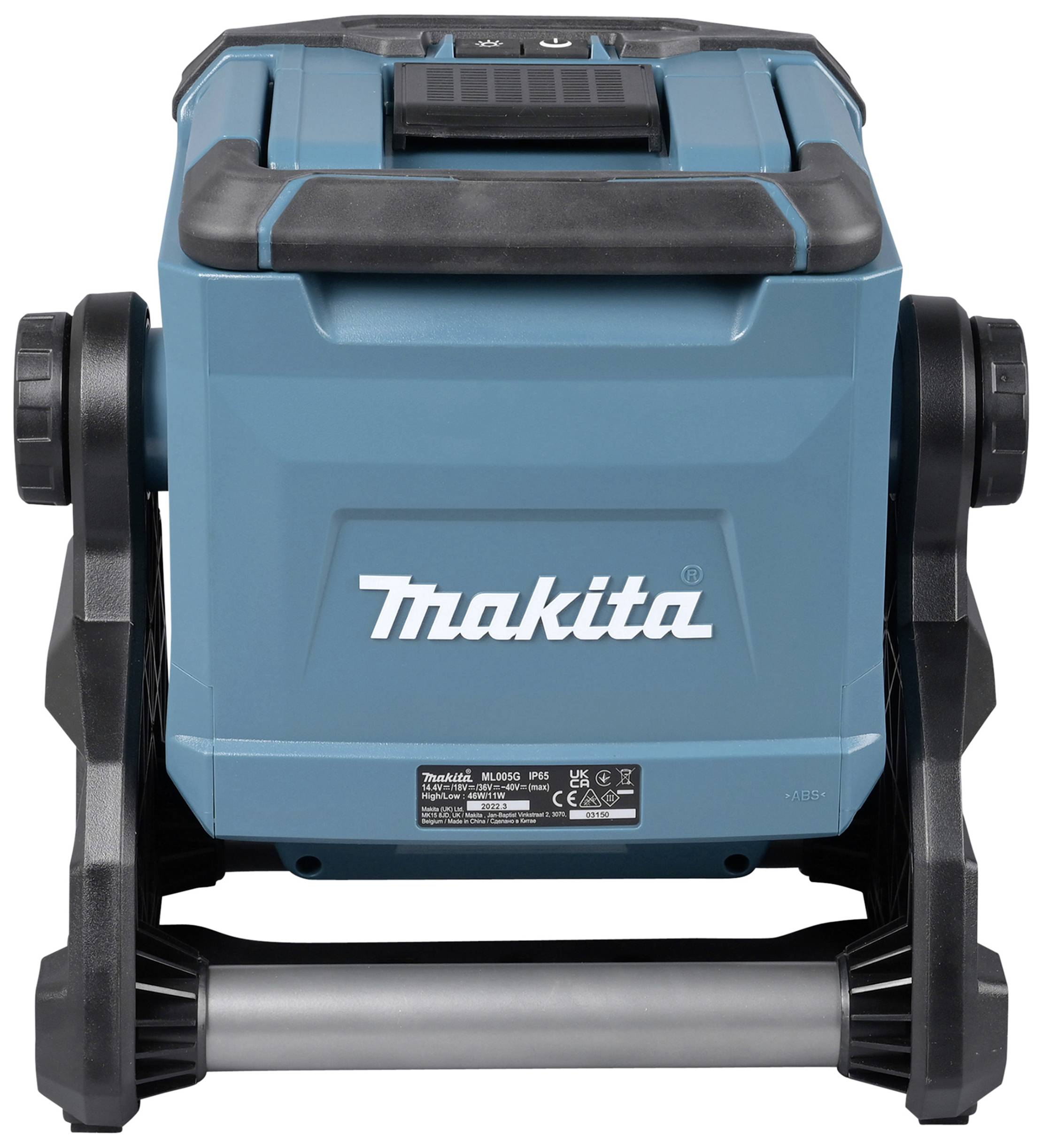 A blue battery-powered compressor with a black handle, viewed from the front, showing the 'Makita' logo. Wheels are positioned on the left and right sides.