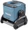 A portable, blue Makita battery-powered speaker with a robust design, resting on a black stand.