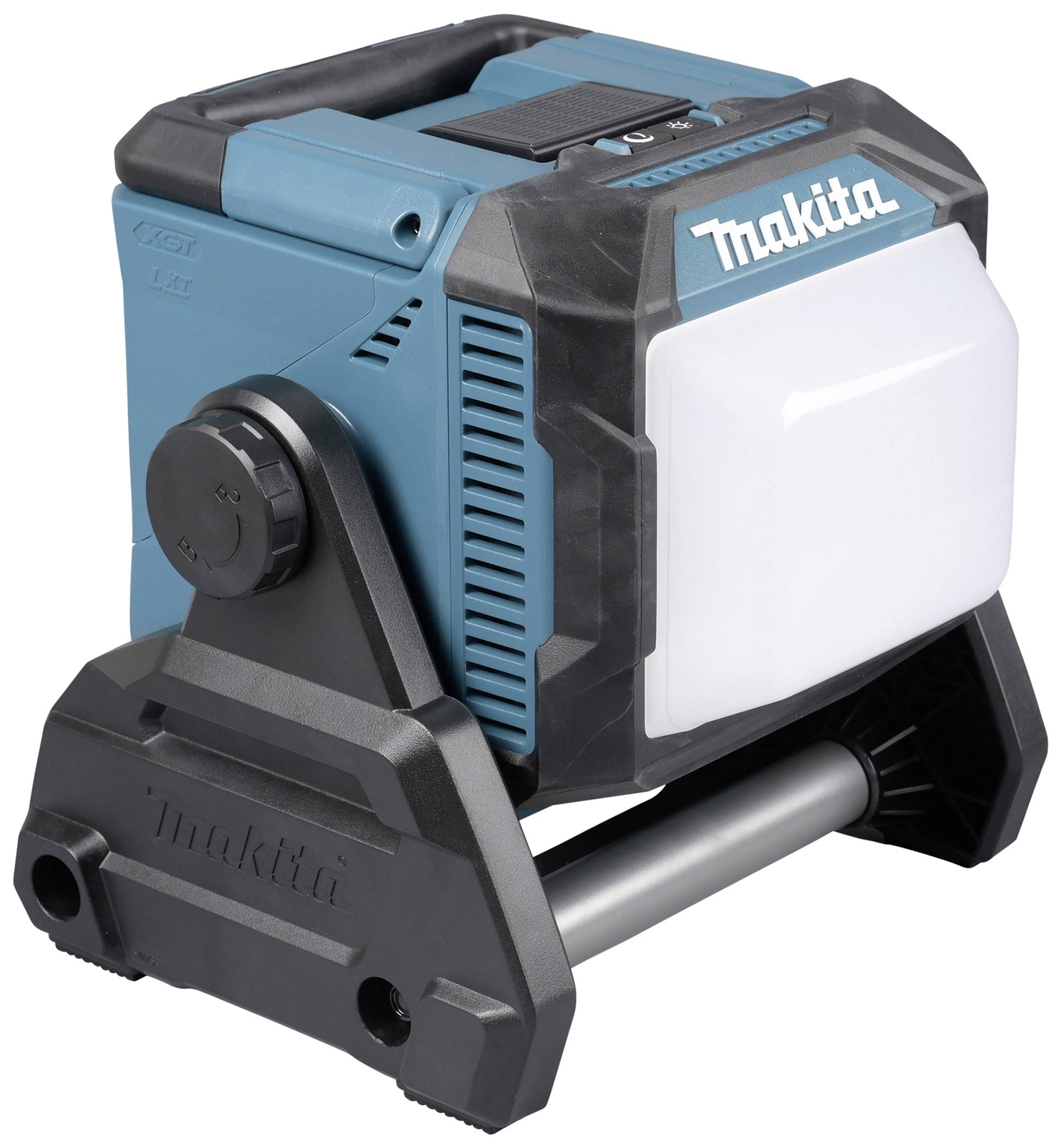 Portable blue-black LED work light with carry handle and adjustable stand, suitable for various construction or DIY applications.