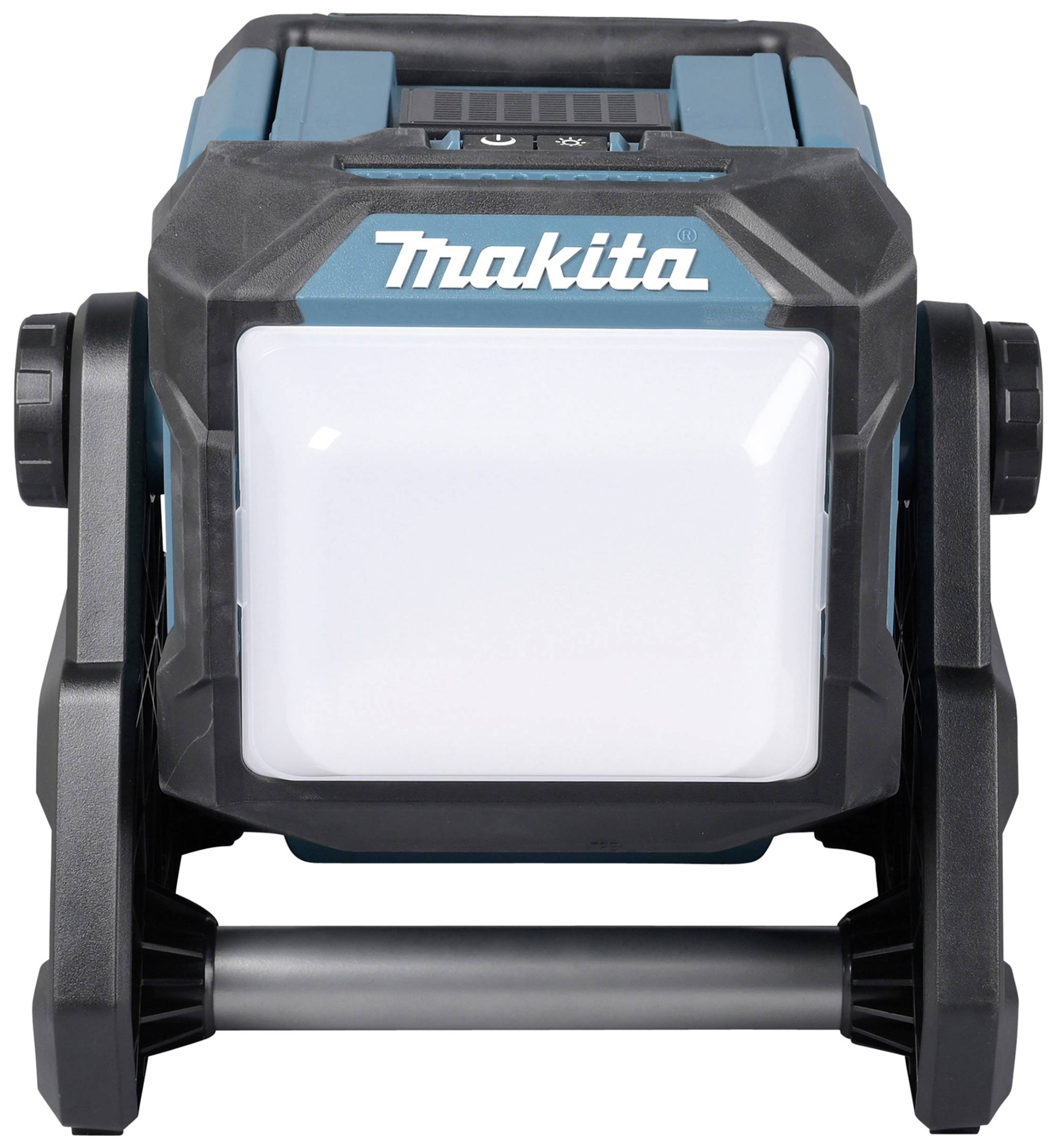 Tool lamp with a square LED light panel, black and blue housing and carrying handle, mounted on a stand.