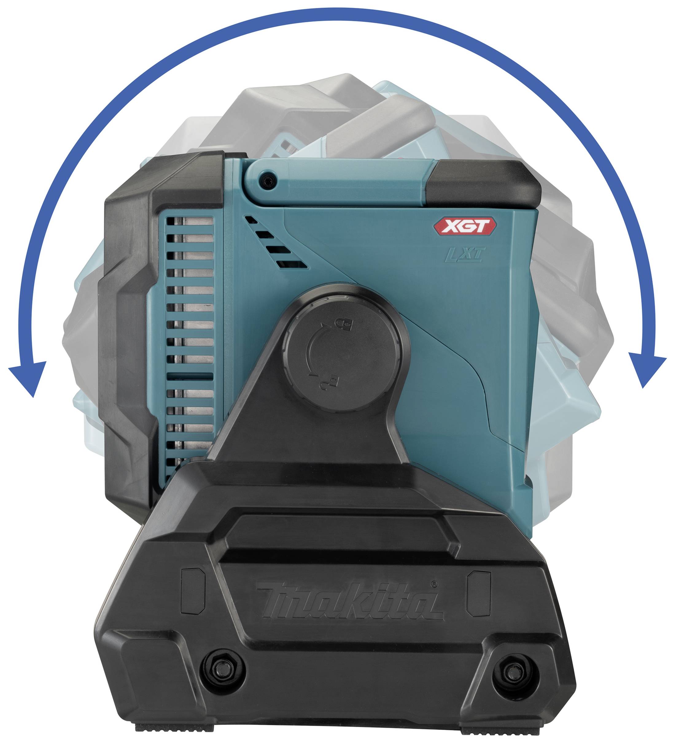 Battery pack in a blue housing, which indicates rotation with arrows.