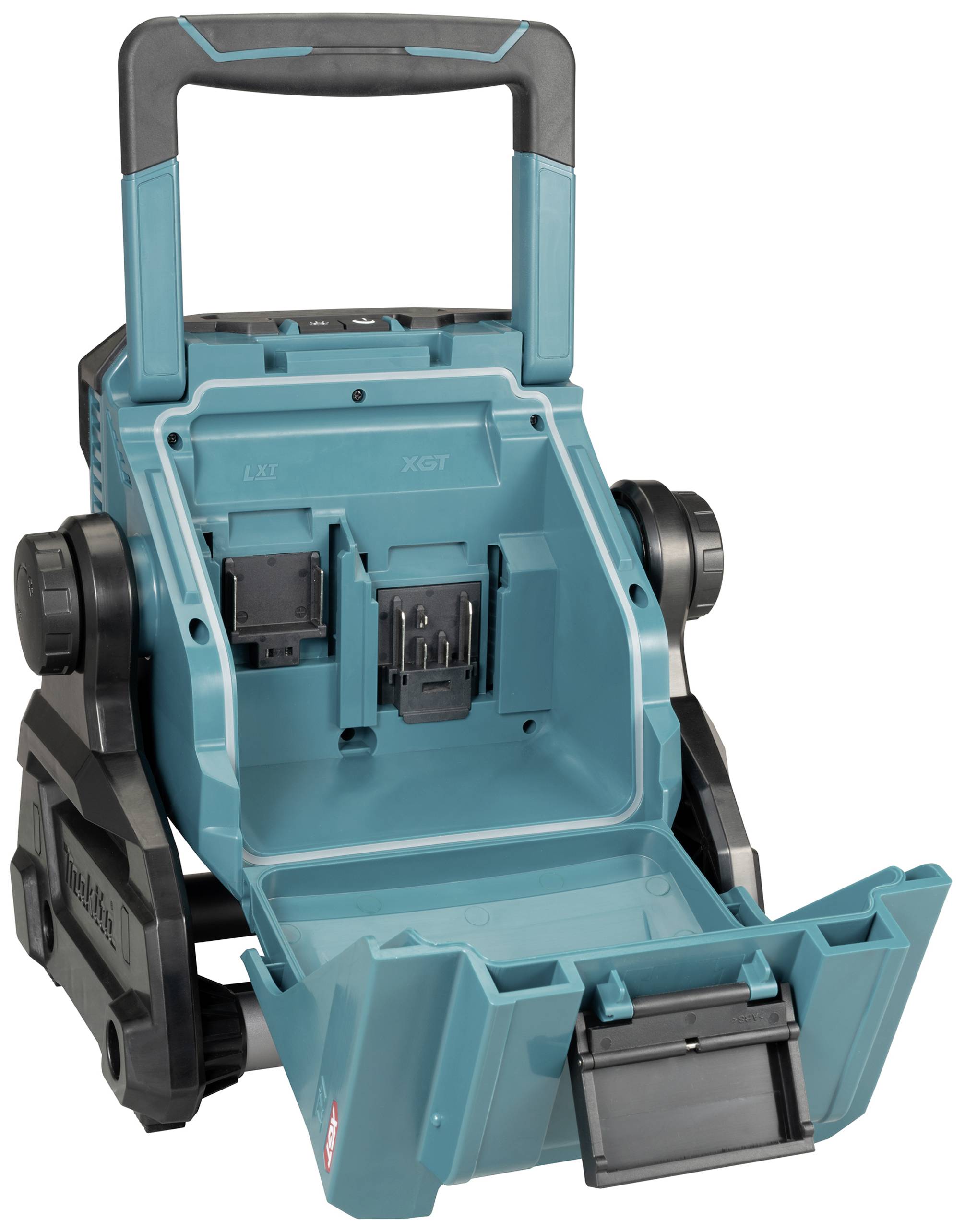 Open battery charger with two slots, blue housing, black handle. Mobile and robust, suitable for use on construction sites.