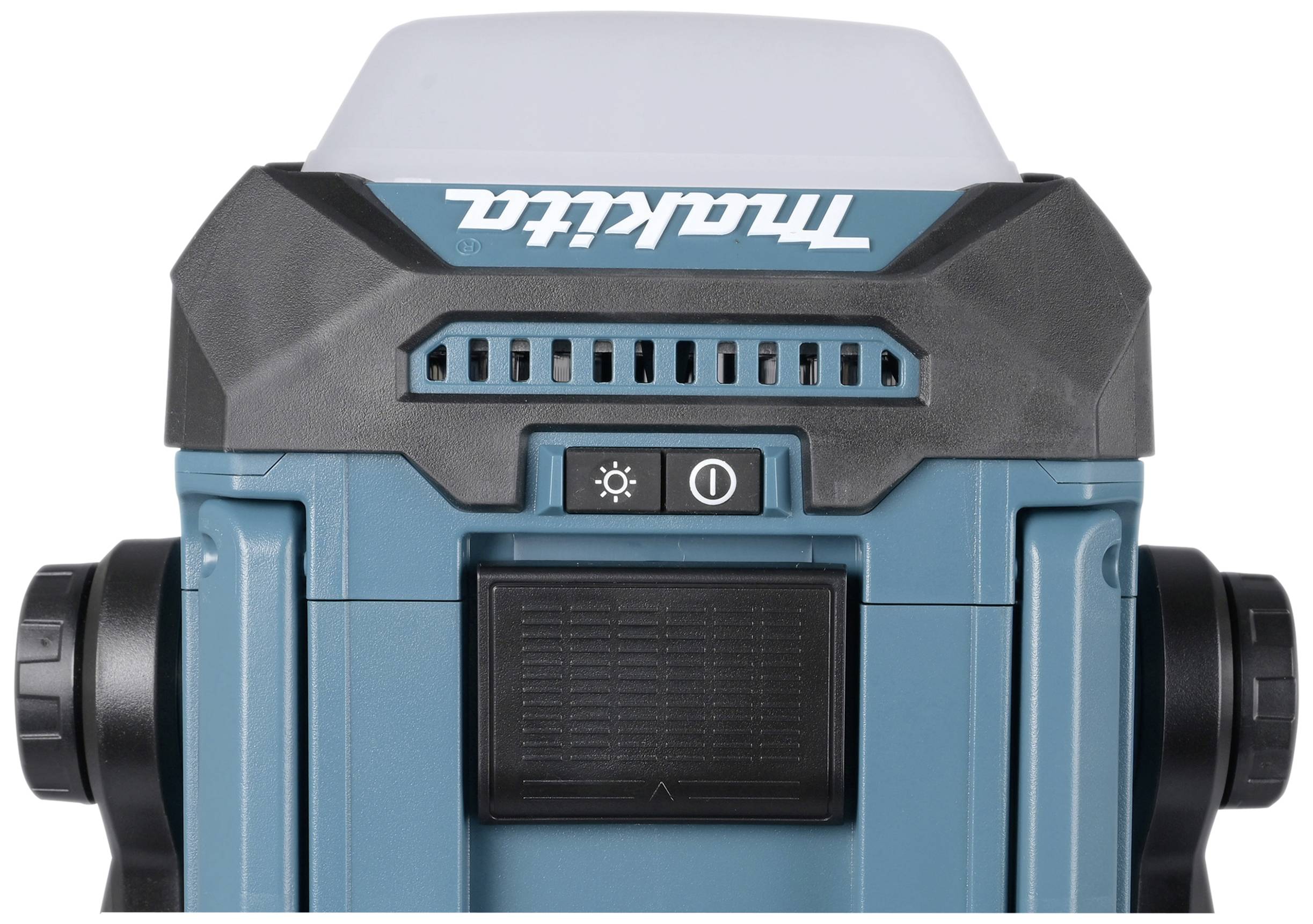 A portable battery-powered multi-function fan with a robust casing and control buttons on the front, suitable for construction sites.