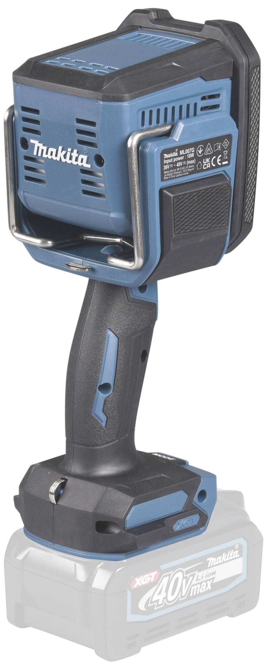 Cordless drill with a blue and black casing, brand name visible on the side. Sitting on a battery with '40V max' inscription.