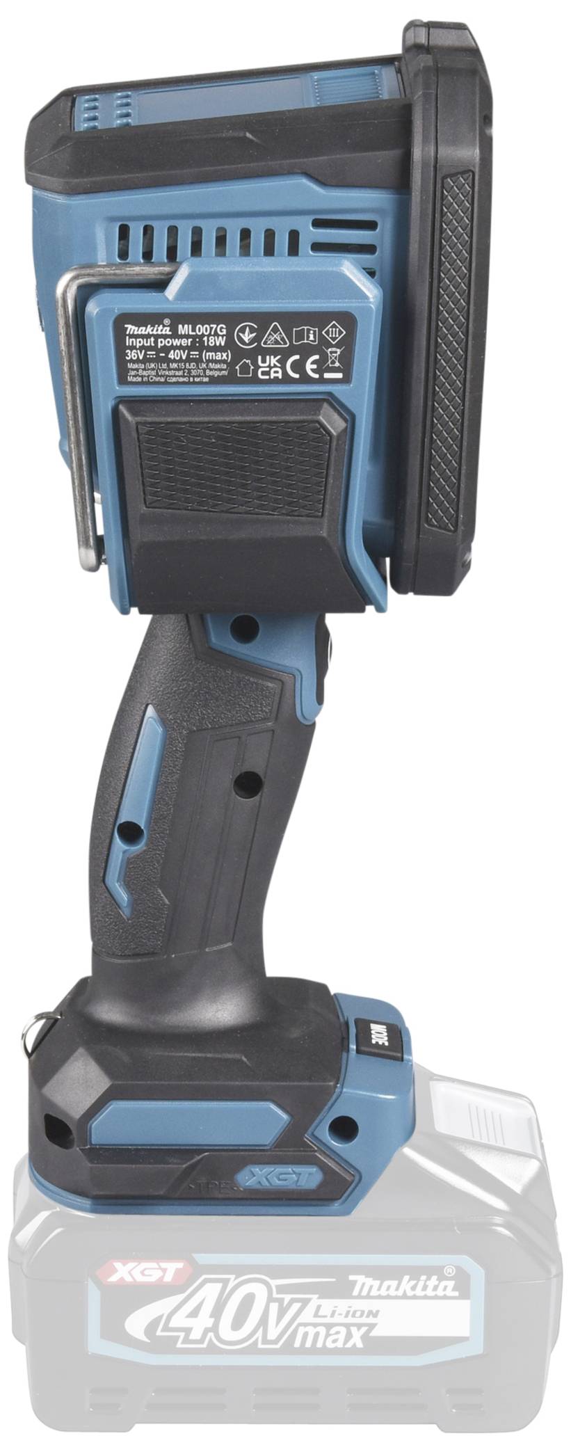 Rechargeable torch in blue and black with an ergonomic handle and multi-functional control panel, shown with an inserted battery.