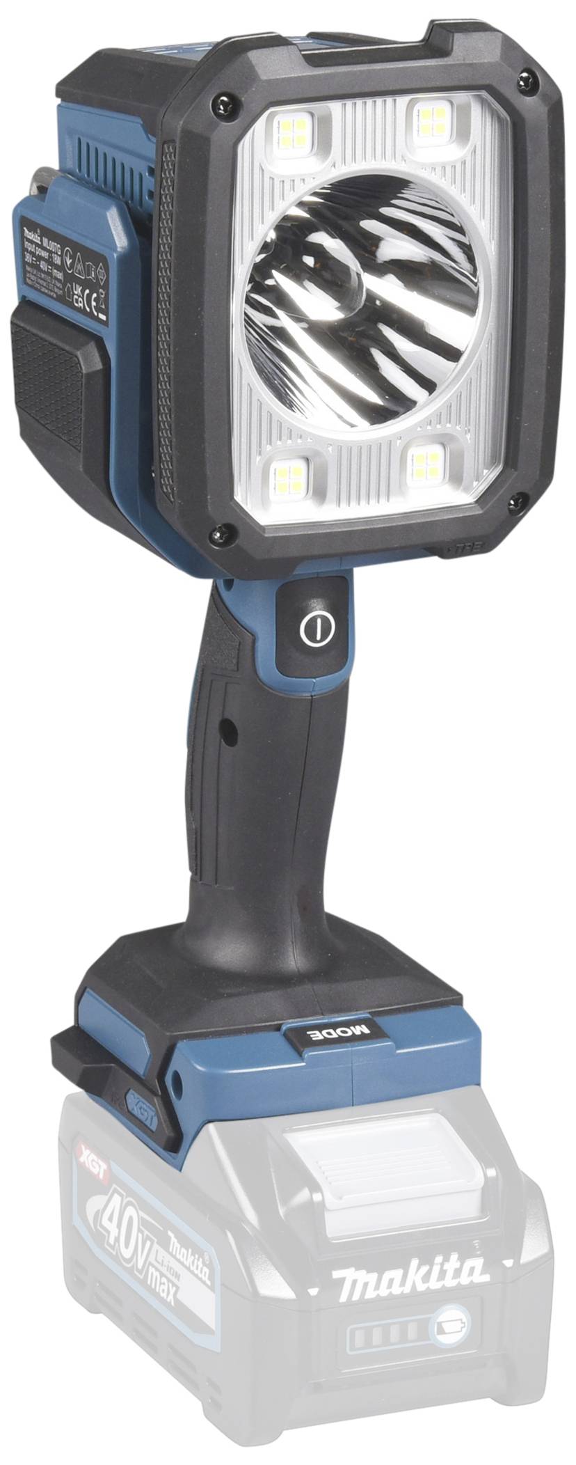 A portable, cordless LED work light in blue and black design, with an ergonomic handle and Makita logo on the battery.