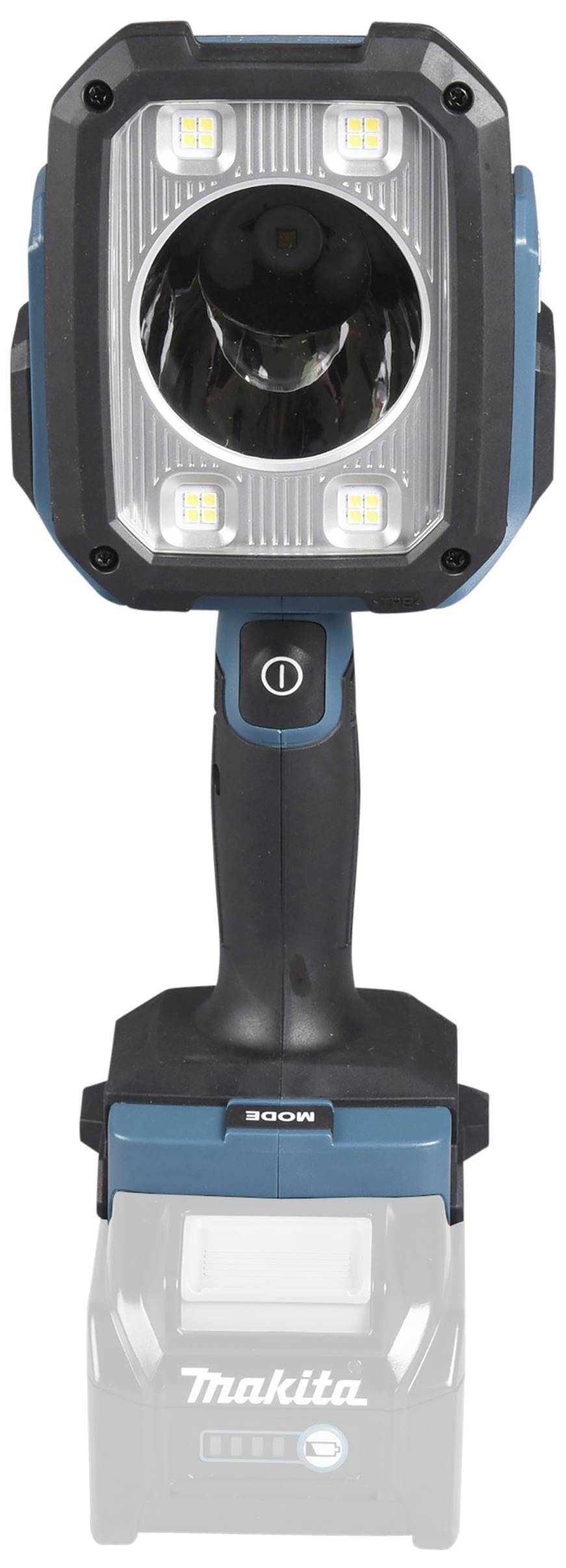 A portable work light with a pivoting head and LED lights. It features a robust handle and a base for battery operation.