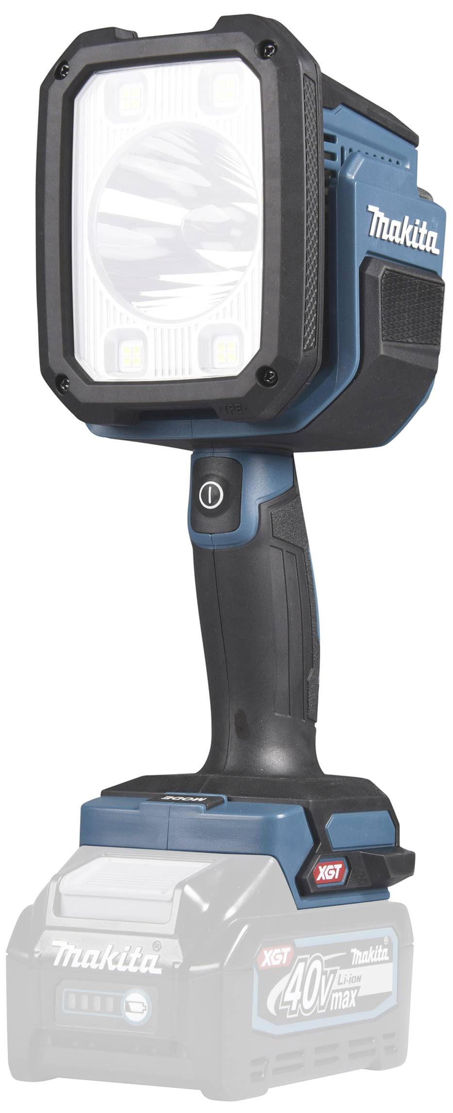 Battery-powered LED work light with blue plastic casing and black handle. Brand logo and model description on the front.