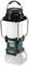 Battery-powered work light with a cylindrical body, metal brackets and handle. Displays brand name and offers various lighting functions.