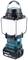 Battery-powered LED lantern with carry handle and rugged housing. Makita 18V Li-Ion battery displays technical details and charging status.