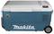Cool box with Makita logo and wheels, navy blue with white lid, integrated control panel and cup holder on the lid.