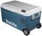 A blue cool box with wheels and two drinks holders on the lid. The brand name 'Makita' is visible on the side.