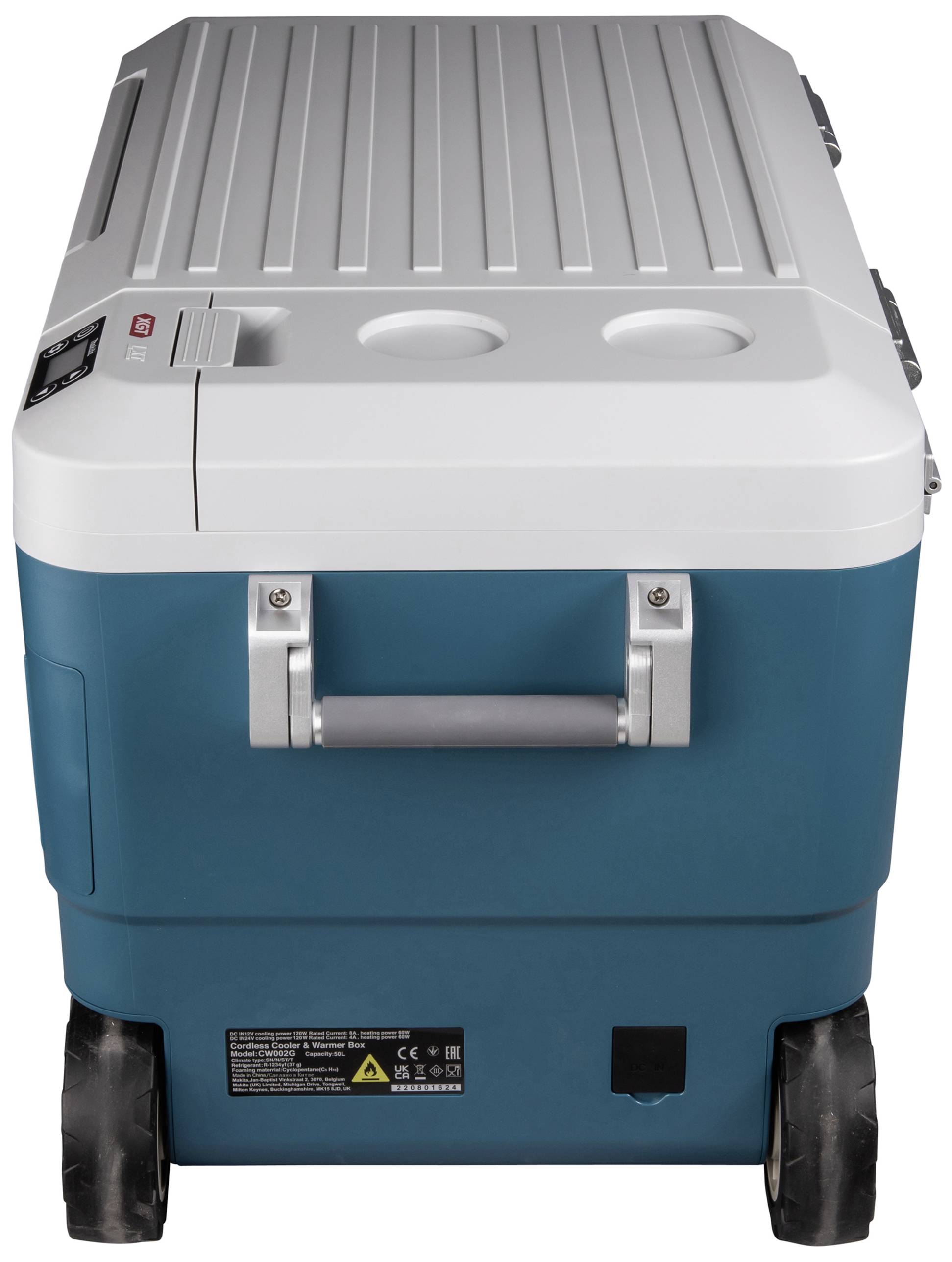 Cool box with wheels, blue and white, top surface with two bottle holders, side handle for easy transportation.