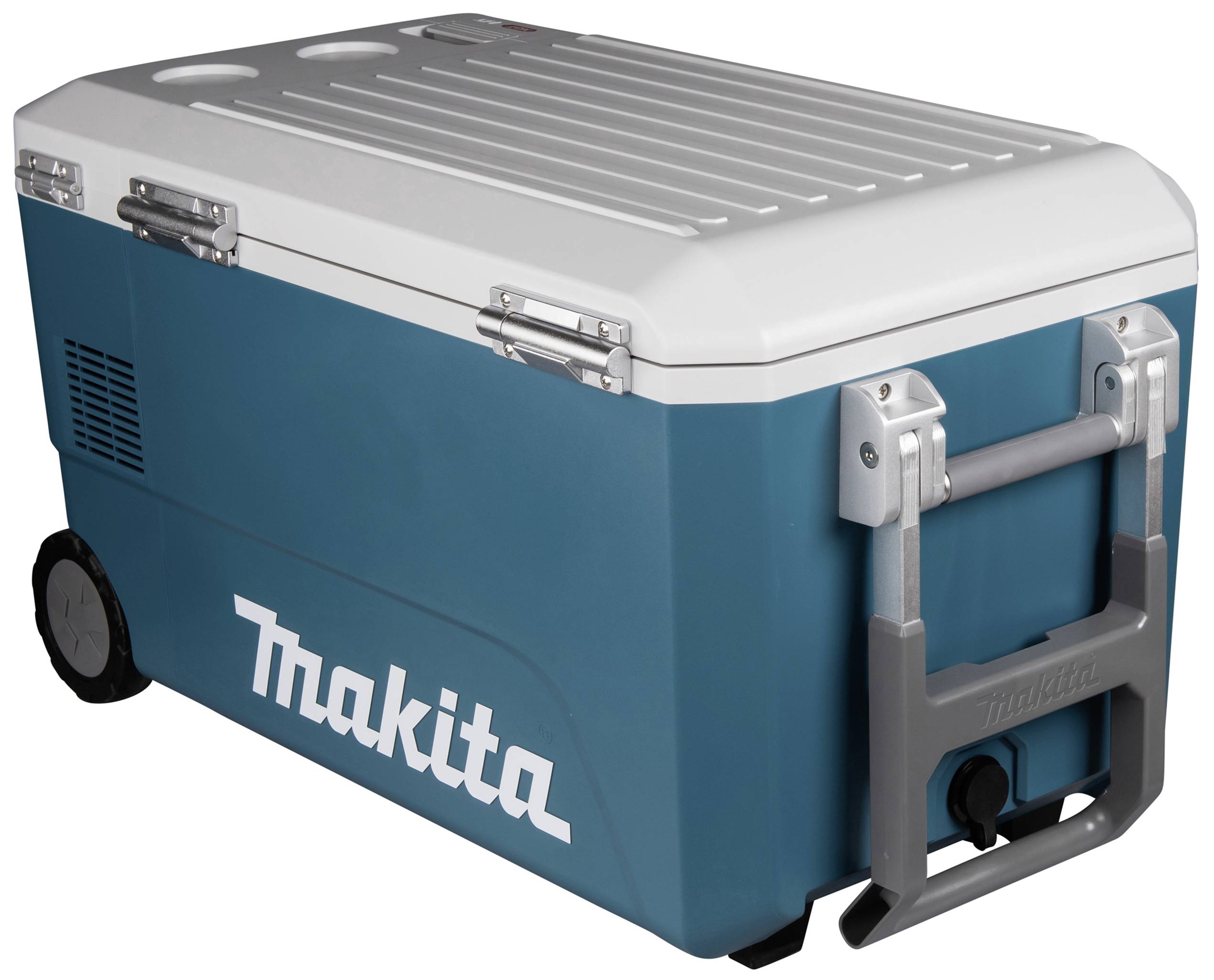 Cool box with wheels and handle, blue and white, brand name 'Makita'. Ideal for transporting and keeping food and drinks cool.