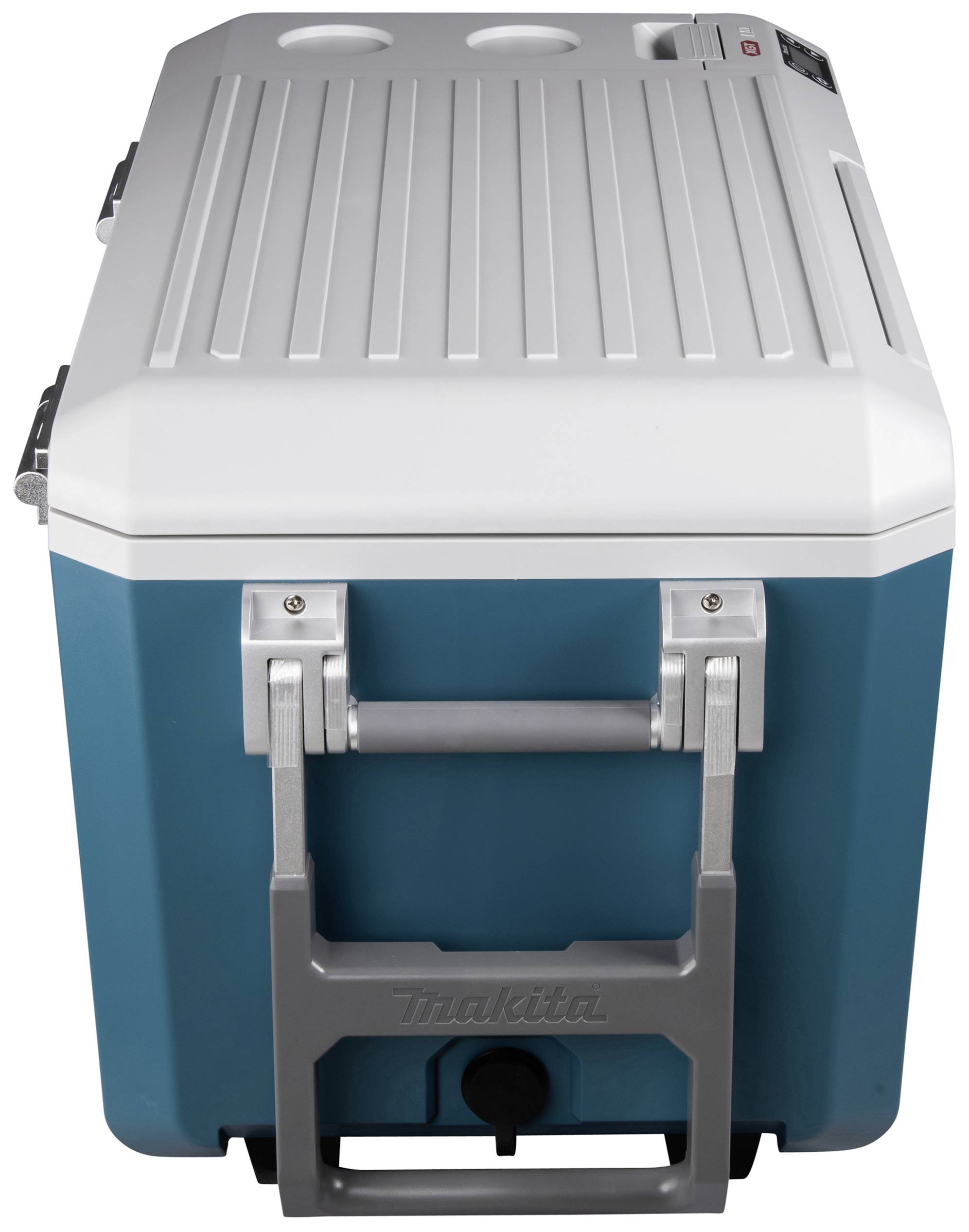 Large, blue cool box with a white lid featuring grooves for stability. Silver-grey carrying handle on the front.