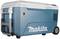 A portable, blue and white cool box with 'Makita' branding, featuring a side handle and wheels for easy transportation.