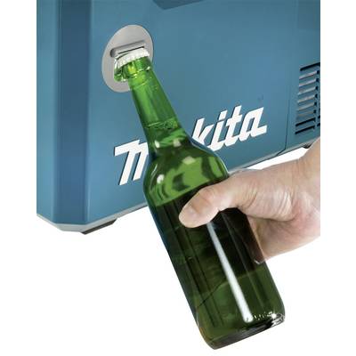 A hand opens a green bottle with a bottle opener attached to a blue device. The text 'Makita' is visible on the device.