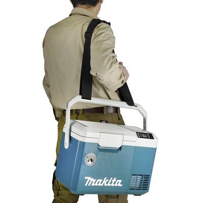 A person is carrying a blue Makita cool box with a strap over their shoulder.