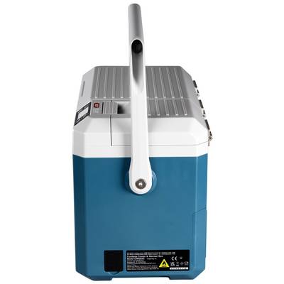 A portable blue cool box with a white handle, side view. Ideal for travelling and keeping drinks and food chilled.