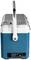 A portable blue cool box with a white handle, side view. Ideal for travelling and keeping drinks and food chilled.