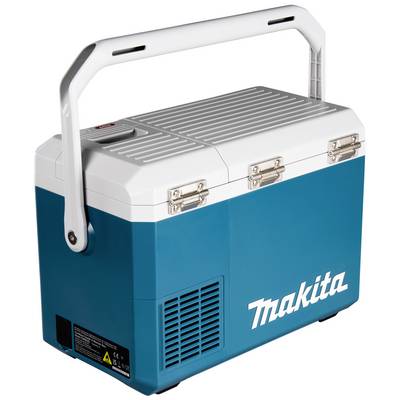 A blue portable cool box with a white handle and silver hinges, bearing the word 'Makita'. Perfect for keeping drinks chilled.