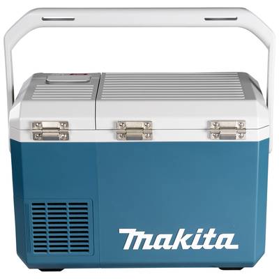 A blue and white electric cool box with 'Makita' printed on the front and a sturdy carrying handle on top.