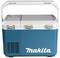 A blue and white electric cool box with 'Makita' printed on the front and a sturdy carrying handle on top.
