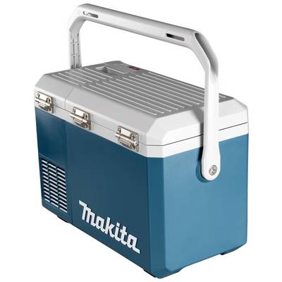 A blue portable cool and warm storage container with a white lid and handle. Brand name 'Makita' in white on the side.