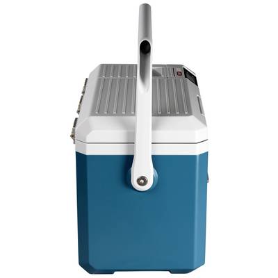 Blue portable refrigerator with a white handle on top, side view. Designed for camping or outdoor activities.