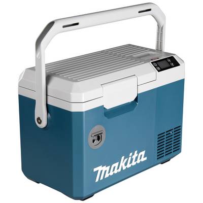 A blue and white portable cool box with a handle. 'Makita' brand name on the front. Suitable for outdoor activities.