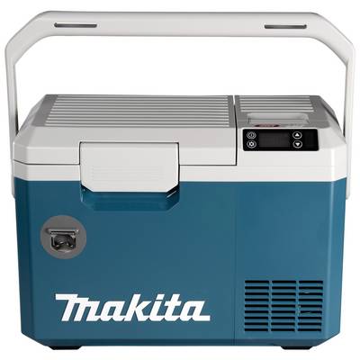 A portable, blue and white cool box by Makita with a handle and controls on the top. Suitable for mobile use.